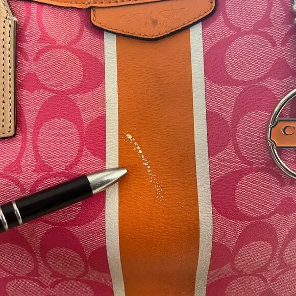 Coach Pink Signature Stripe Tote Bag Orange Trim Leather Handbag - Picture 14 of 14
